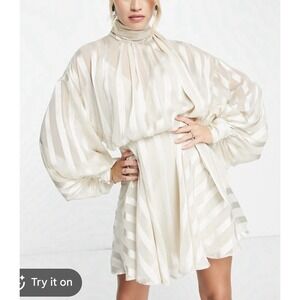 ASOS DESIGN Curve High Neck Mini Dress Satin Stripe Cream Size 18